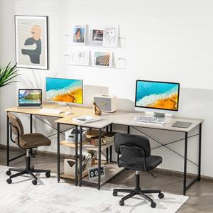 Costway Bureau L-Vorm Computertafel met Rek Rechts of Links Hoekbureau met Opbergvakken Hoektafel Bureautafel 120 x 88 x 74,5 cm (Natuur/Zwart/Grijs)