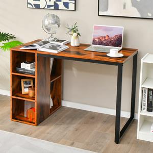 Costway Computerbureau met 5 Vakken Metalen Frame Ruimtebesparend Bureau Houten Schrijftafel Studeerbureau Rustiek Bruin