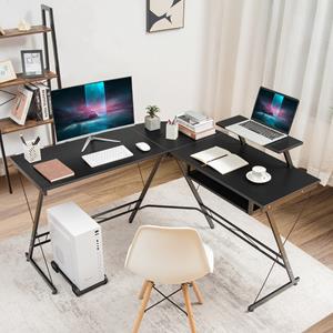 Costway Werkbureau L-Vormig Computerbureau met Verplaatsbare Standaard Zwart