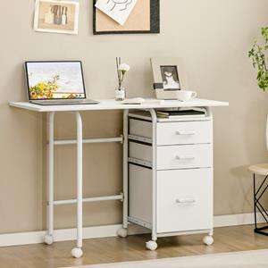 Costway Inklapbare Computertafel met 3 Laden en Wieltjes Bureau met Metalen Frame Klapbureau105 x 50 x 75 cm (Wit/Bruin/Natuur)