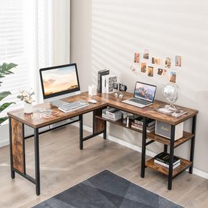 Costway Bureau L-vorm Hoekbureau met Plank in Volledige Lengte en 2-Traps Zijplanken Hoektafel Computertafel voor Thuiskantoor 150 x 140 x 75 cm