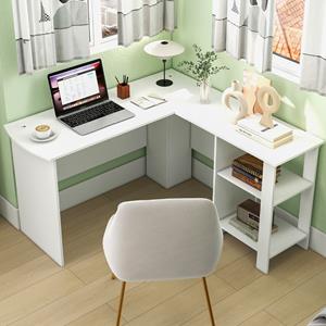 Costway Bureau L-Vorm Hoekbureau met 2 Kabellaten en Opbergvakken Hoektafel Computertafel Bureautafel voor Thuis of Kantoor (Wit)
