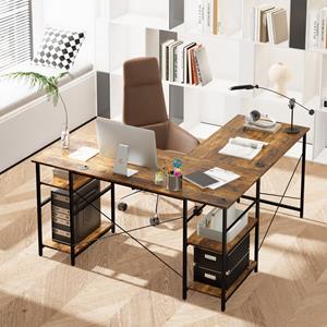 Costway Bureau L-vorm, Omkeerbaar Hoekbureau met 4 Planken, Gaming Computertafel Hoektafel voor Thuiskantoor 151 x 151 x 75 cm Bruin