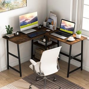 Costway L-Vormig Computerbureau met Stopcontacten en USB-Poorten 120 cm Lang Hoekbureau met Planken PC-Tafel met Metalen Frame