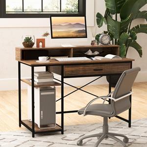 Costway Bureau met Lade Monitorstandaard & 2 Open Planken Computertafel met Metalen Frame PC-Tafel Bureautafel 120 x 56 x 90,5 cm Bruin