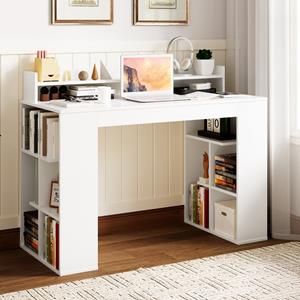 Costway Bureau met Monitorplank Computertafel met 2 Boekenplanken Bureautafel PC-Tafel voor Werkkamer Thuis Kantoor Wit 120 x 54 x 90 cm