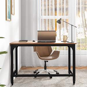 Costway Bureau met Wieltjes Computertafel met Metalen Frame/4 Wielen Bureautafel Oprolbaar PC-Tafel 120 x 60 x 76 cm Teak