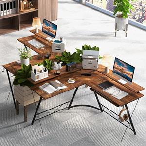 Costway Hoekbureau met Stopcontact en USB-Oplaadpoort L-Vormig Bureau Computertafel met Monitorstandaard Toetsenbordvak Bruin