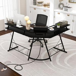 Costway Hoekbureau met Stopcontact en USB-Oplaadpoort L-Vormig Bureau Computertafel met Monitorstandaard Toetsenbordvak Zwart