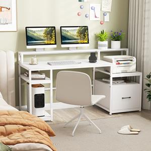 Costway Computerbureau Computerwerktafel met Schermsteun en Bestandslade Multifunctioneel Schrijfbureau voor Woonkamer Studeerkamer Wit