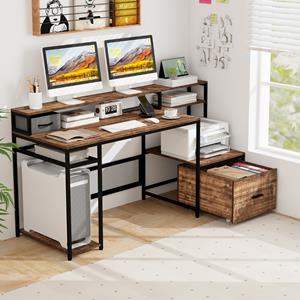 Costway 170 cm Computerbureau met Monitorstandaard en Dossierlade Bureau voor Thuiskantoor Bruin