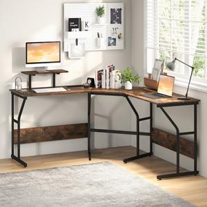 Costway L-Vormig Bureau met Stopcontacten Hoekbureau met Verwijderbare Schermsteun 225 cm Lange Computerwerkplek voor 2 Personen