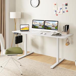 Costway Elektrisch Sta-Bureau 160 x 60 cm 3 Geheugenhoogtes in Hoogte Verstelbaar Bureau 2 Haken Kabelgaten Anti-Collision Ontwerp Wit