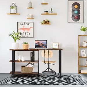 Costway L-Vormige Zij Tafel Computer Bureau Grote Studie Schrijf Tafel met Rollende Wielen Beweegbare Tafelblad Stevige Metalen Frame Bruin