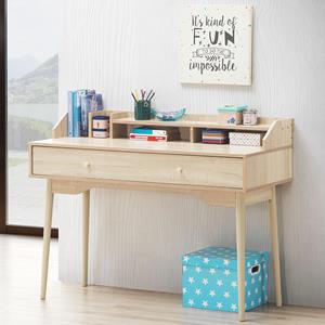 Costway Thuiskantoor Schrijftafel met Lade 100% Stevige Rubberhouten Poten Met Grote Lade & Breed Tafelblad 2-Laags Hok Natuurlijk