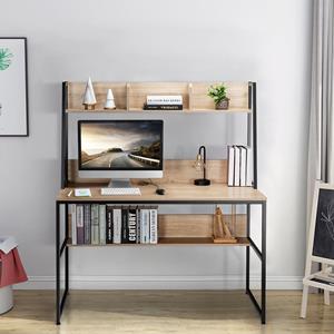 Costway Bureau met Plank Computertafel van Hout met Metalen Frame en Verstelbare Voetpads Werktafel met Open Boekenkast (Natuur)