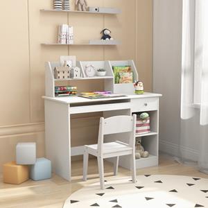 Costway Houten Bureau voor Kinderen en Tieners Computerwerktafel met Nis en Boekenkast Toetsenbordlade Lade Opbergplanken Wit