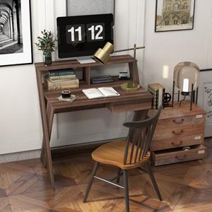 Costway Computertafel met Lade Bureau met Monitorverhoging Werktafel X-Vormig voor Kleine Ruimtes Thuis en op Kantoor 90 x 61 x 94 cm (Walnoot)