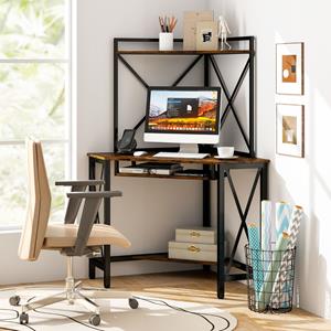 Costway Bureau met Laadstation Hoekcomputertafel met Toetsenbordplank en 2 Planken Metalen Frame Werktafel voor Thuiskantoor Vintage