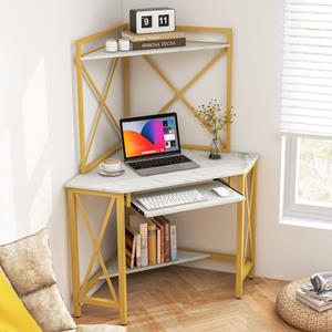Costway Bureau met Laadstation Hoekcomputertafel met Toetsenbordplank en 2 Planken Metalen Frame Werktafel voor Thuiskantoor Goud + Wit