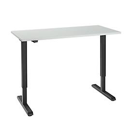 Bureau, elektrisch in hoogte verstelbaar, rechthoekig, T-voet, B 1300 x D 650 x H 715-1205 mm, lichtgrijs/zwart
