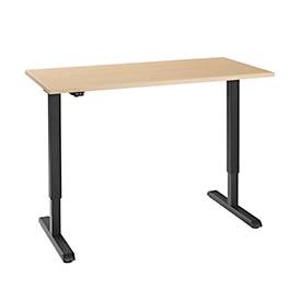 Bureau, elektrisch in hoogte verstelbaar, rechthoekig, T-voet, B 1300 x D 650 x H 715-1205 mm, ahorn/zwart