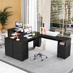Costway 168cm L-Vormig Computerbureau met Stopcontacten Modern Bureau met 2 Opberglades Kast Verstelbare Plank en Toetsenbordlade