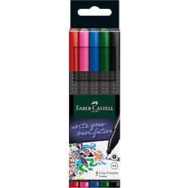 Faber-Castell Fineliner  Grip, lijndikte 0,4 mm, ergonomische gripzone, voor rechts- & linkshandigen, afwasbaar, geassorteerde kleuren, 5 stuks in kartonnen doos