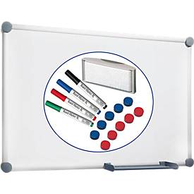 Maul Whiteboard 2000 pro, wit kunststof gecoat, magnetisch, frame zilver, B 900 x H 600 mm + 15-delige accessoireset