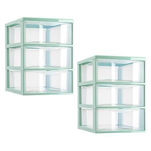 PlasticForte Ladeblokje/bureau organizer - 2x stuks - 3 lades - transparant/mintgroen - L18 x B25 x H25 cm -