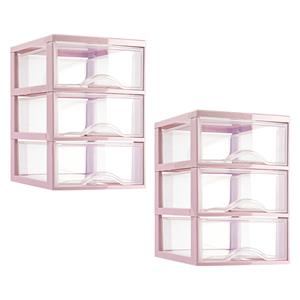 PlasticForte Ladeblokje/bureau organizer - 2x stuks - 3 lades - transparant/roze - L18 x B25 x H25 cm - plastic -