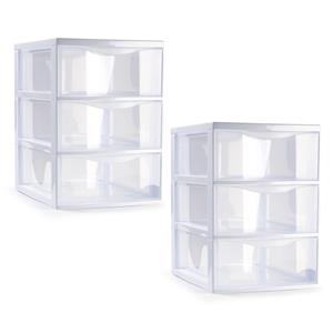 PlasticForte Ladeblokje/bureau organizer - 2x stuks - 3 lades - transparant/wit - L18 x B25 x H25 cm - plastic -