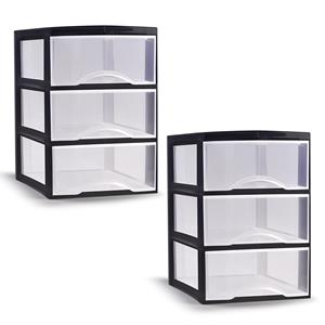 PlasticForte Ladeblokje/bureau organizer - 2x stuks - 3 lades - transparant/zwart - L18 x B25 x H25 cm - plastic -