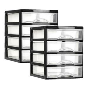 PlasticForte Ladeblok - 2x - 4 lades - zwart/transparant - bureau organizer - L18xB21xH23 cm -