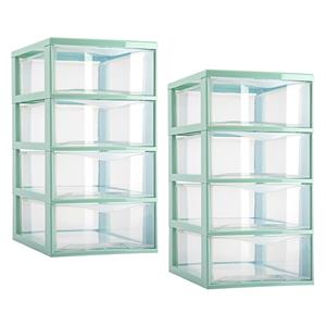 PlasticForte Ladeblokje/bureau organizer - 2x stuks - 4 lades - transparant/mintgroen - L18 x B25 x H33 cm - plas -