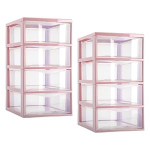 PlasticForte Ladeblokje/bureau organizer - 2x stuks - 4 lades - transparant/roze - L18 x B25 x H33 cm - plastic -