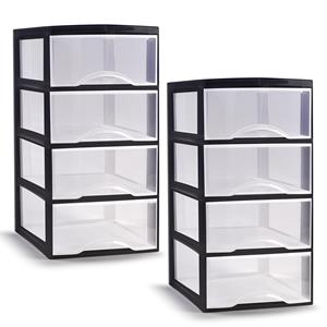PlasticForte Ladeblokje/bureau organizer - 2x stuks - 4 lades - transparant/zwart - L18 x B25 x H33 cm - plastic -