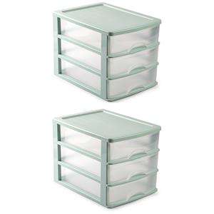 PlasticForte 2x stuks ladeblok/bureau organizer met 3 lades groen/transparant 35,5 x B 27 x H 26 cm -
