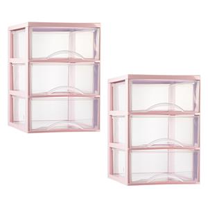 PlasticForte Ladeblokje/bureau organizer - 2x stuks - 3 lades - transparant/roze - L26 x B36 x H37 cm - plastic -