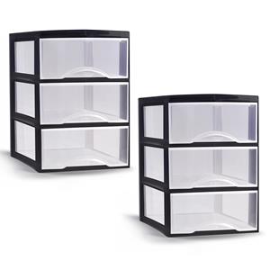 PlasticForte Ladeblokje/bureau organizer - 2x stuks - 3 lades - transparant/zwart - L26 x B36 x H37 cm - plastic -