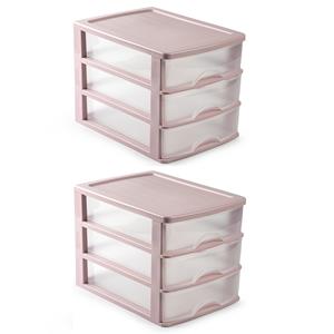 PlasticForte 3x stuks ladeblok/bureau organizer met 3 lades roze/transparant 35,5 x B 27 x H 26 cm -