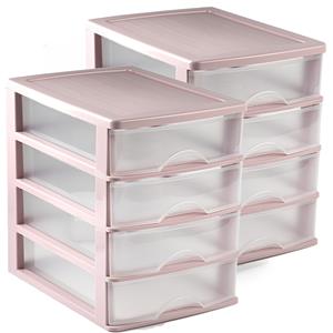 PlasticForte 3x stuks ladeblok/bureau organizer met 4 lades roze/transparant 35,5 x B 27 x H 35 cm -