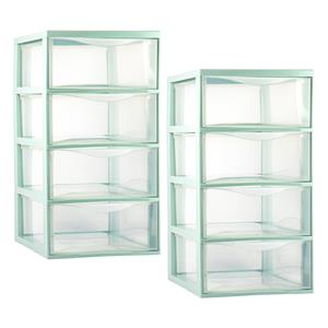 PlasticForte Ladeblokje/bureau organizer - 2x - 4 lades - transparant/lichtgroen - L26 x B37 x H49 cm - plastic -