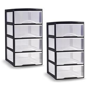 PlasticForte Ladeblokje/bureau organizer - 2x - 4 lades - transparant/zwart - L26 x B36 x H49 cm - -