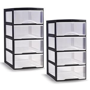 PlasticForte Ladeblokje/bureau organizer - 2x - 4 lades - transparant/zwart - L26 x B37 x H49 cm - plastic -