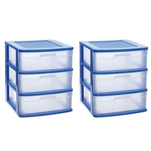 PlasticForte 2x stuks ladeblok/bureau organizer met 3x lades blauw/transparant L40 x B39 x H39.5 cm -