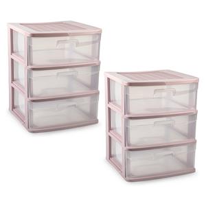 PlasticForte Ladeblokje/bureau organizer - 2x - 3 lades - transparant/roze - L39 x B40 x H49 cm - plastic -
