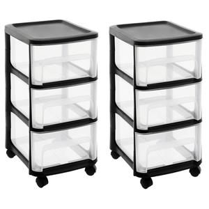 EDA 2x stuks ladenkast organizers zwart A4 3x lades met wieltjes L32 x B37 x H61 cm -