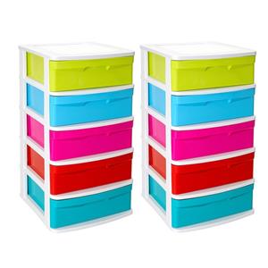 PlasticForte 2x stuks ladeblok/bureau organizer met 5x lades multi-color/wit L40 x B39 x H81 cm -