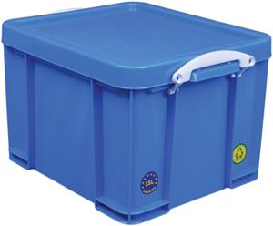 Really Useful Boxes van stevig kunststof | Vind Really Useful Box opbergdoos 35 liter, neonblauw met witte handvaten